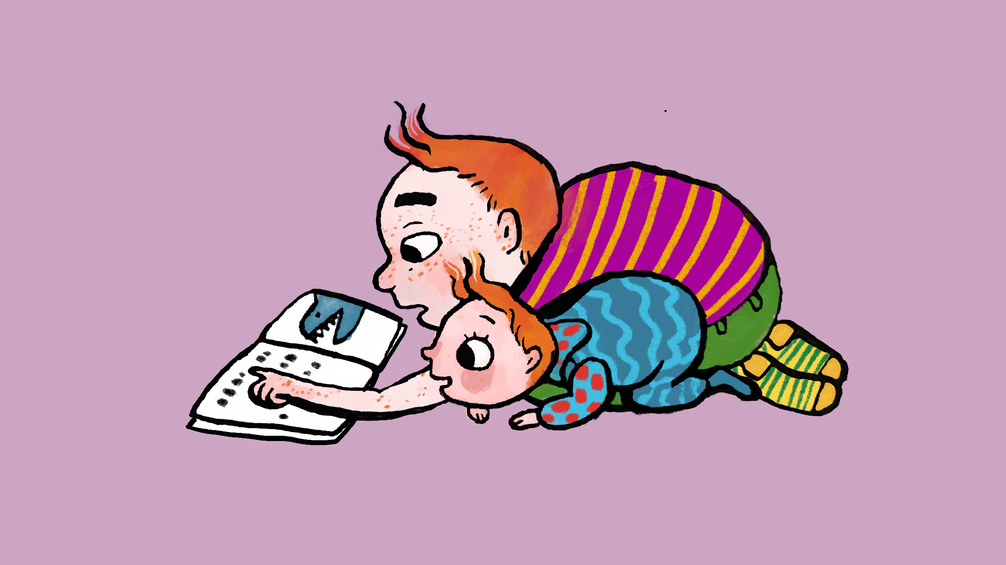 Illustration av Matilda Ruta med två barn som tittar i en bok.
