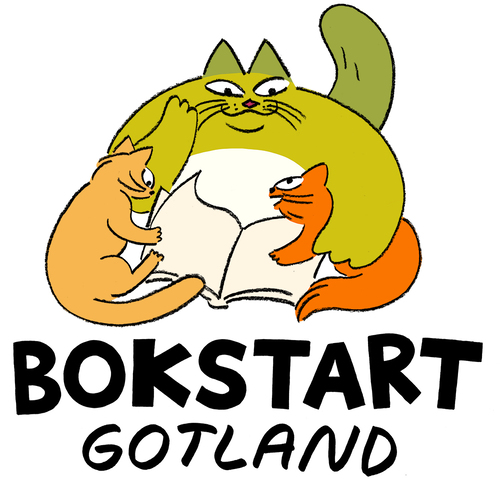 Bokstart Gotlands logotyp med tre katter som läser en bok