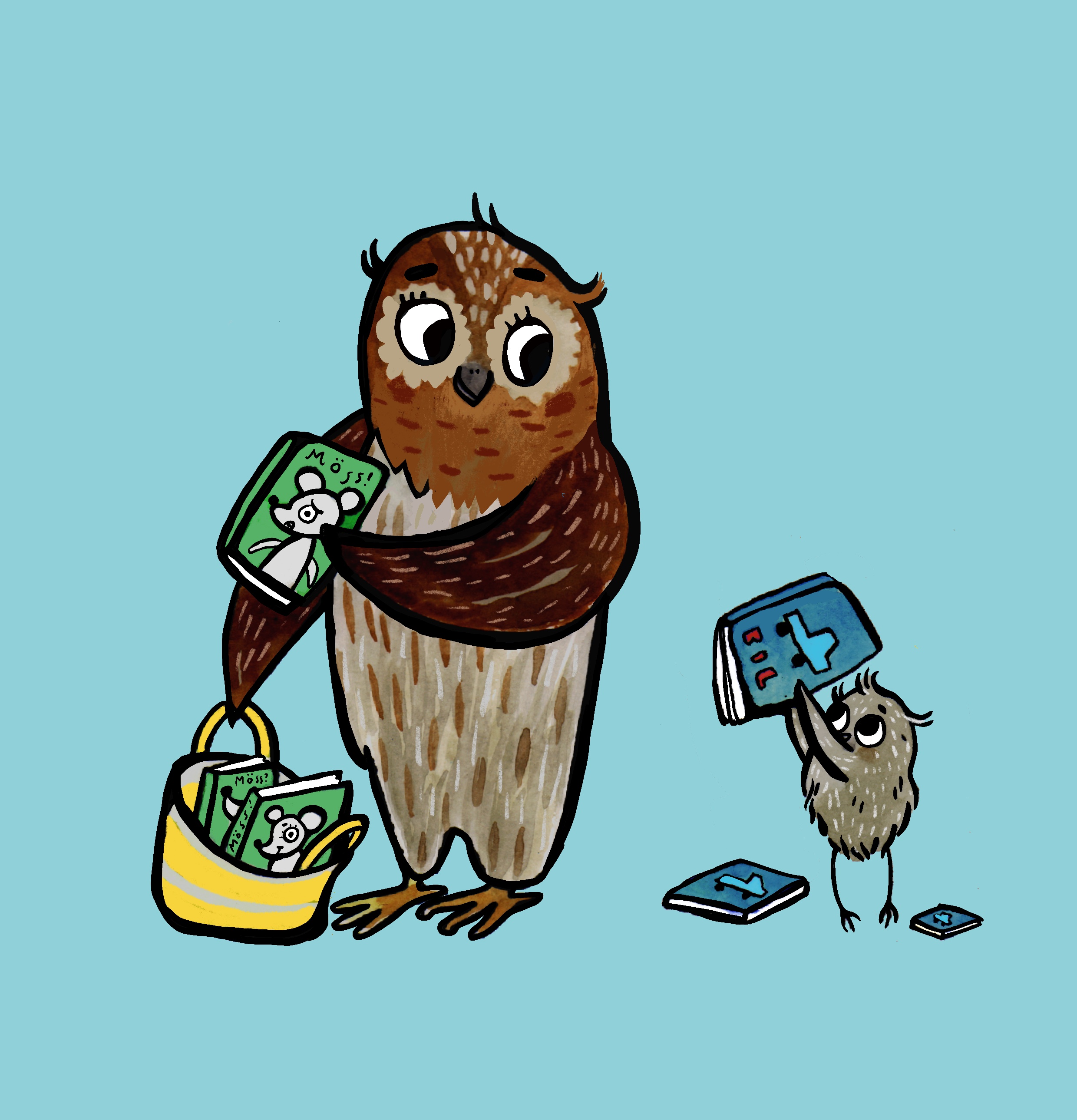 Illustration: Matilda Ruta Två tecknade ugglor med böcker.