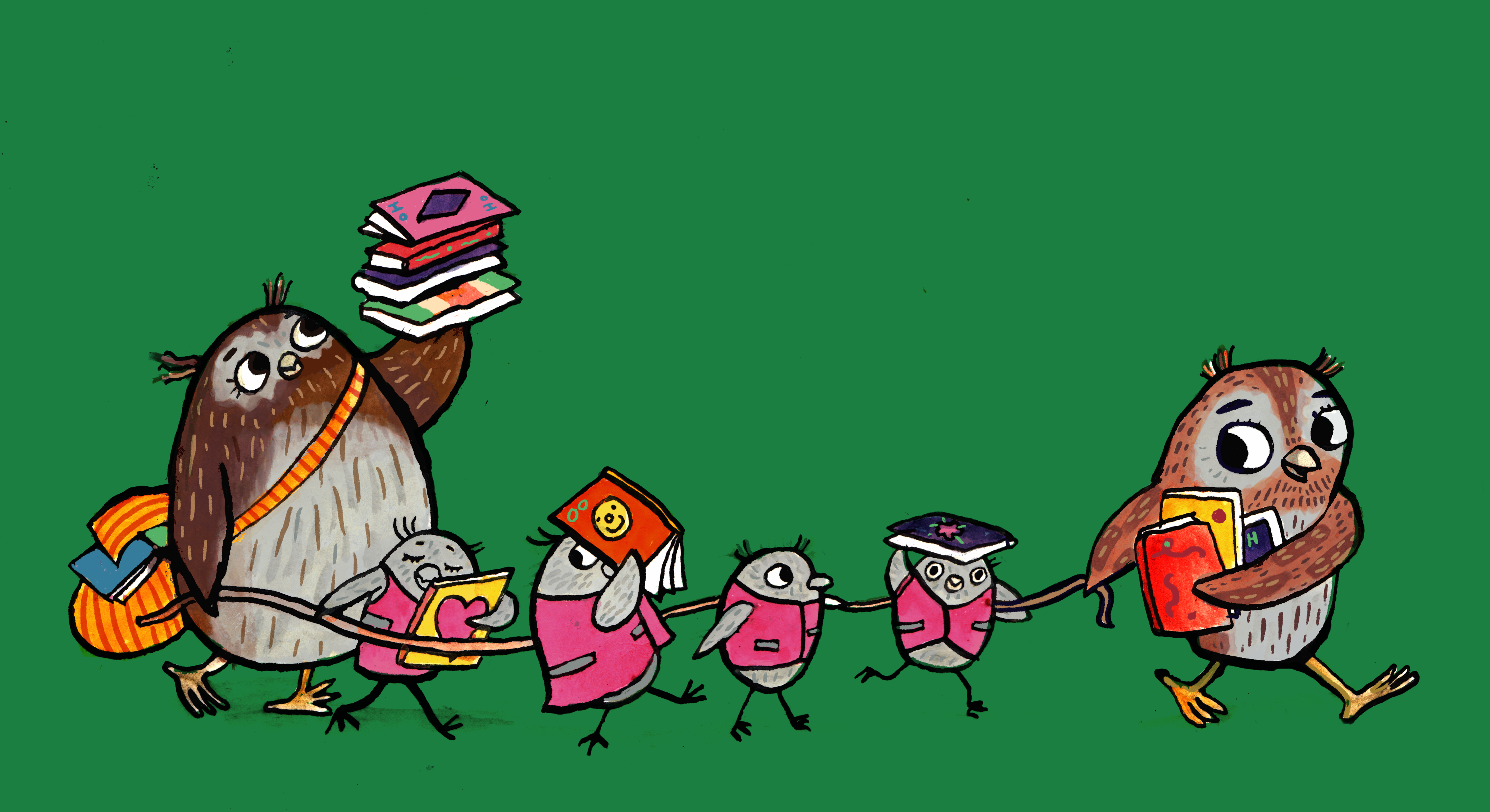 En ugglefamilj som är ute och går på rad och som håller i böcker.