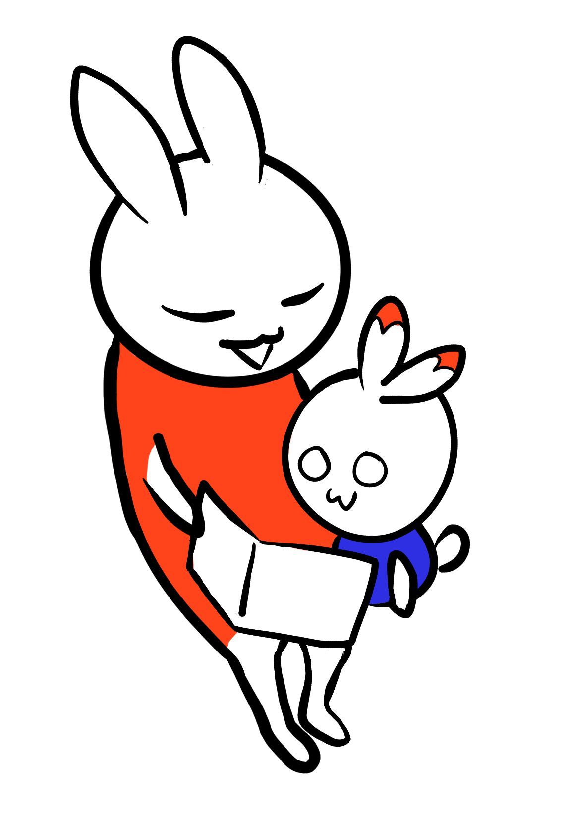 Illustration av en en kaninmamma som läser en bok för ett kaninbarn. 