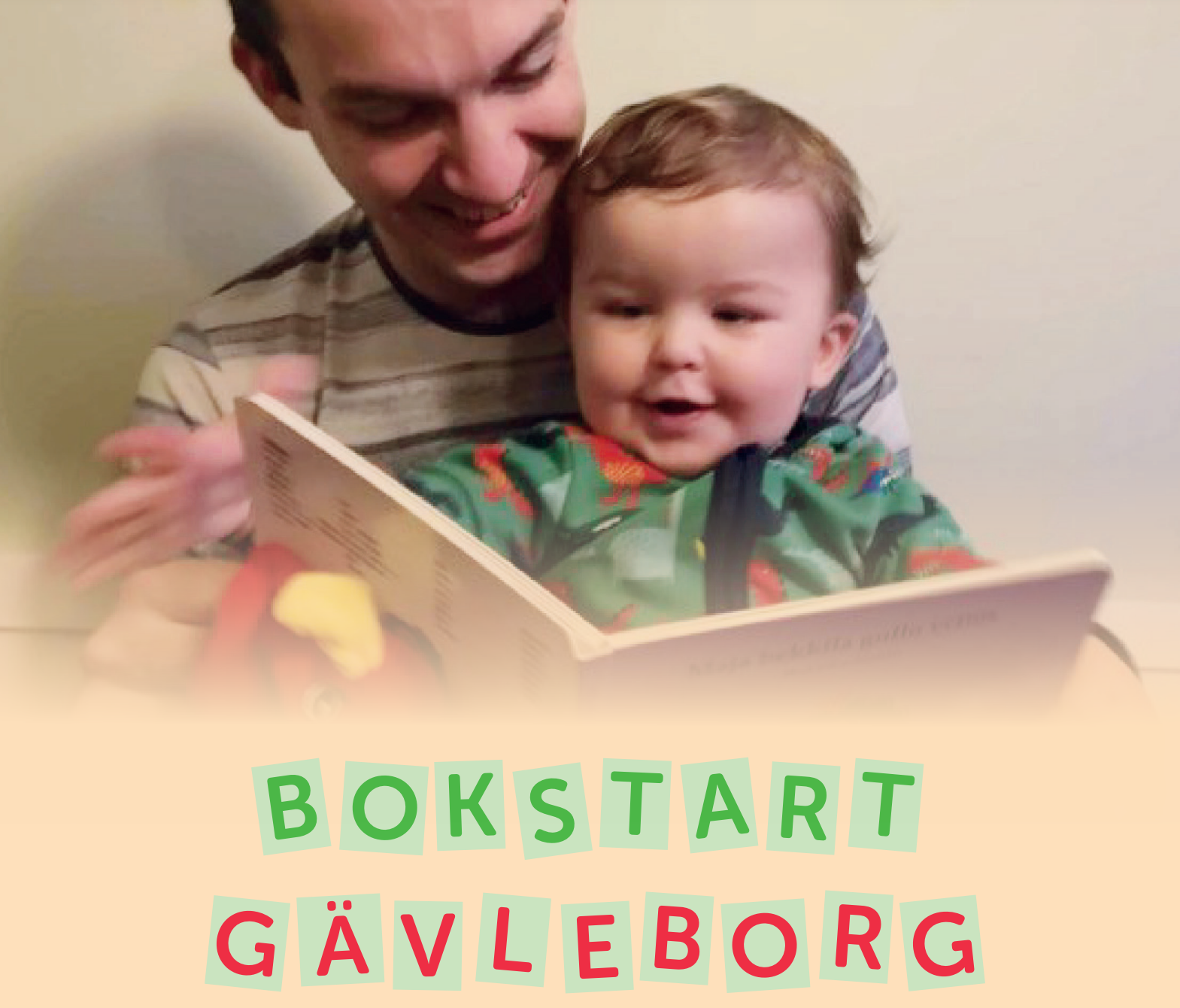 Framsidan till Bokstart Gävleborgs rapport med en man som läser tillsammans med ett litet barn.
