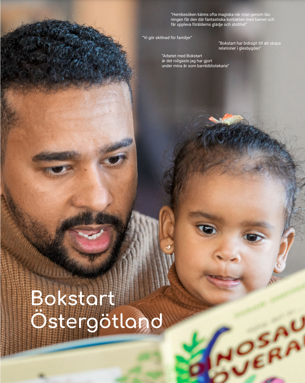 Framsidan till Bokstart Östergötlands rapport med en man som läser tillsammans med ett barn.