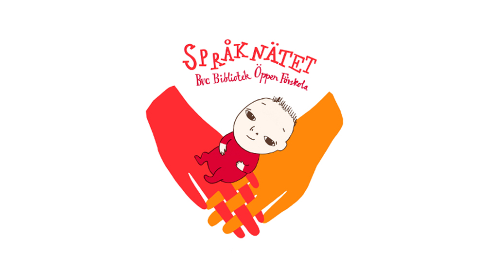 Logotyp bestående av orange och röd hand med ett barn i mitten